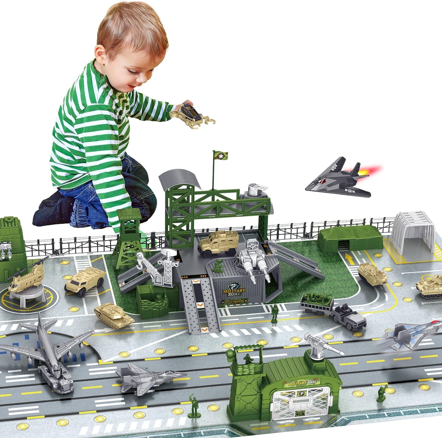 Military Base Set, Army Men Playset with Military Vehicle,Weapon Gear Accessories,Vehicles Accessories and Play Map,Great Army Toys for Boys Girls Kids