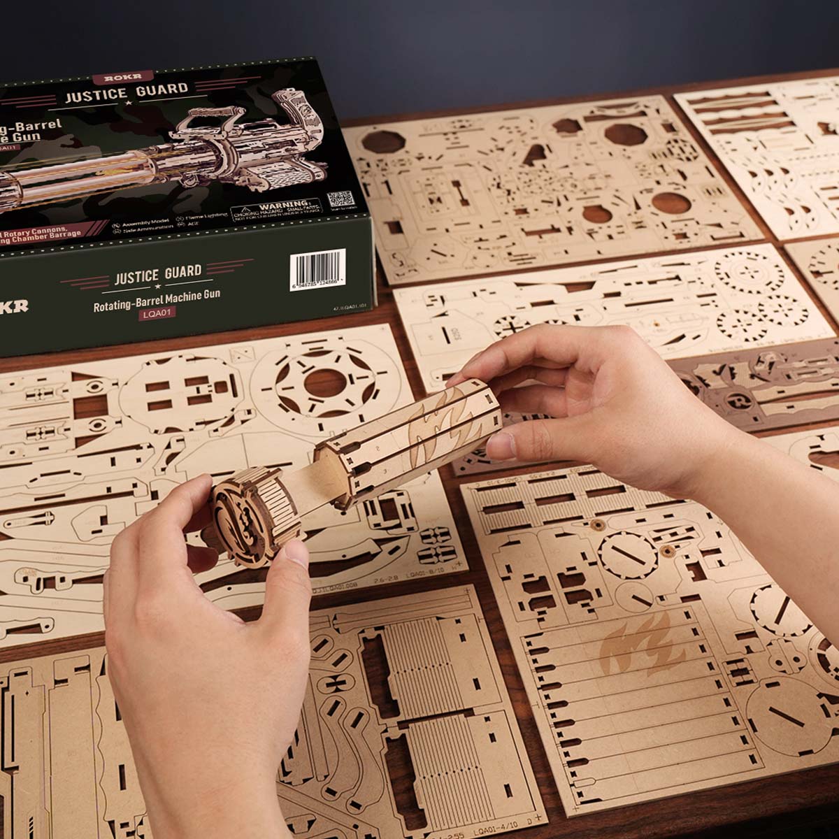 ROKR Rotating-Barrel Machine Toy Gun 3D Wooden Puzzle - LQA01 | Mechanical Wooden Model Kit for Teens & Adults