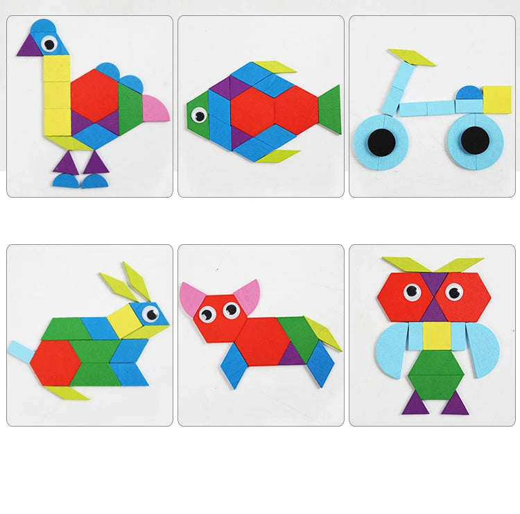 210Pcs Montessori Wooden Pattern Blocks Set Geometric Shapes Puzzle Wooden Jigsaw