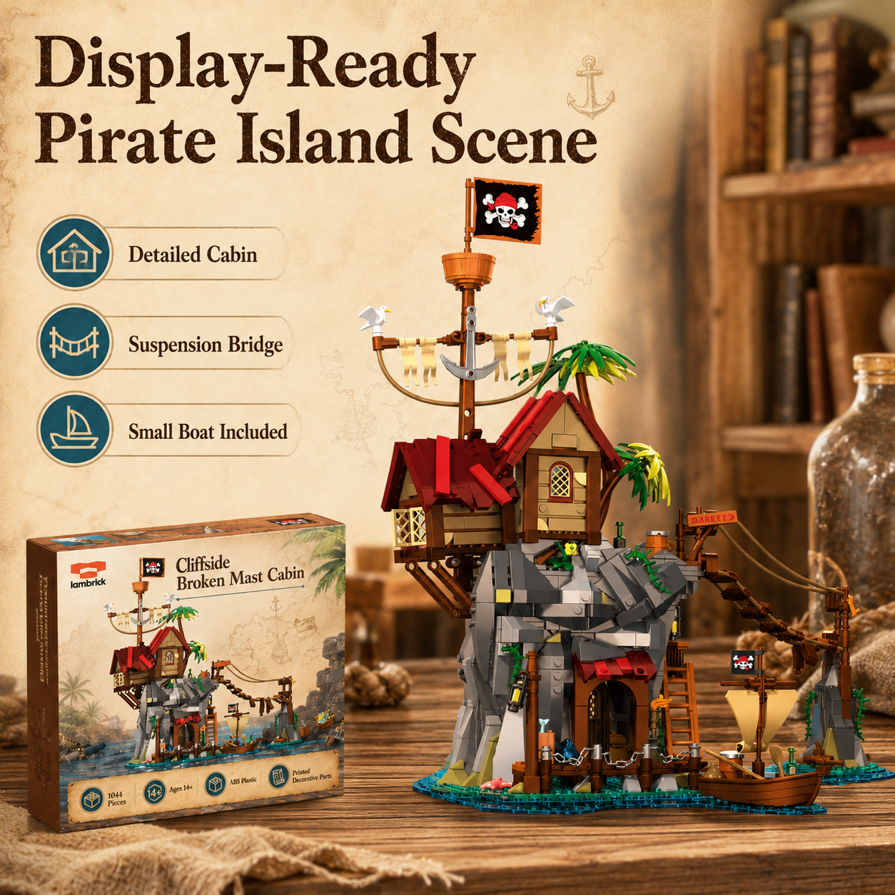 Cliffside Broken Mast Cabin display-ready pirate island scene