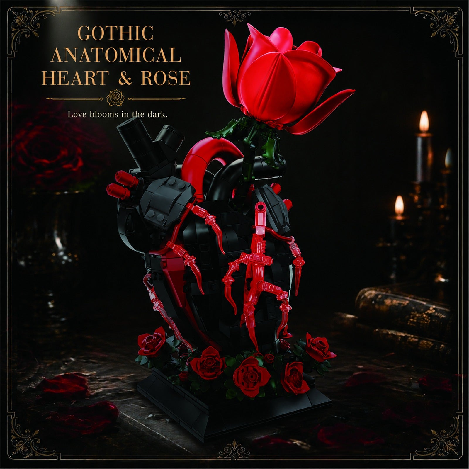 Gothic Anatomical Heart & Rose Building Block Display Set - gothic display scene