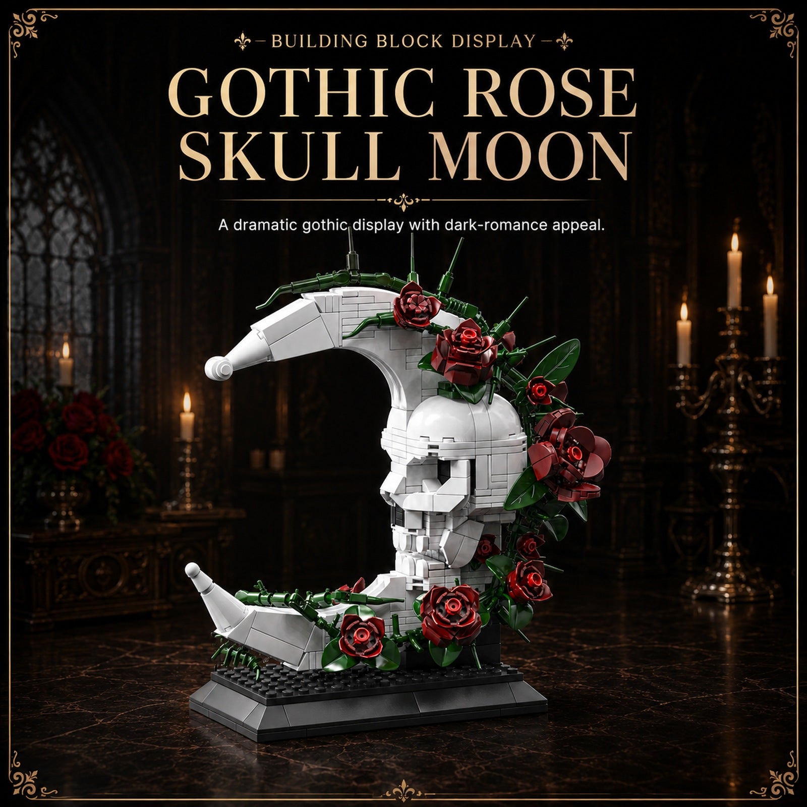 Gothic Rose Skull Moon Building Block Display Set - gothic display scene