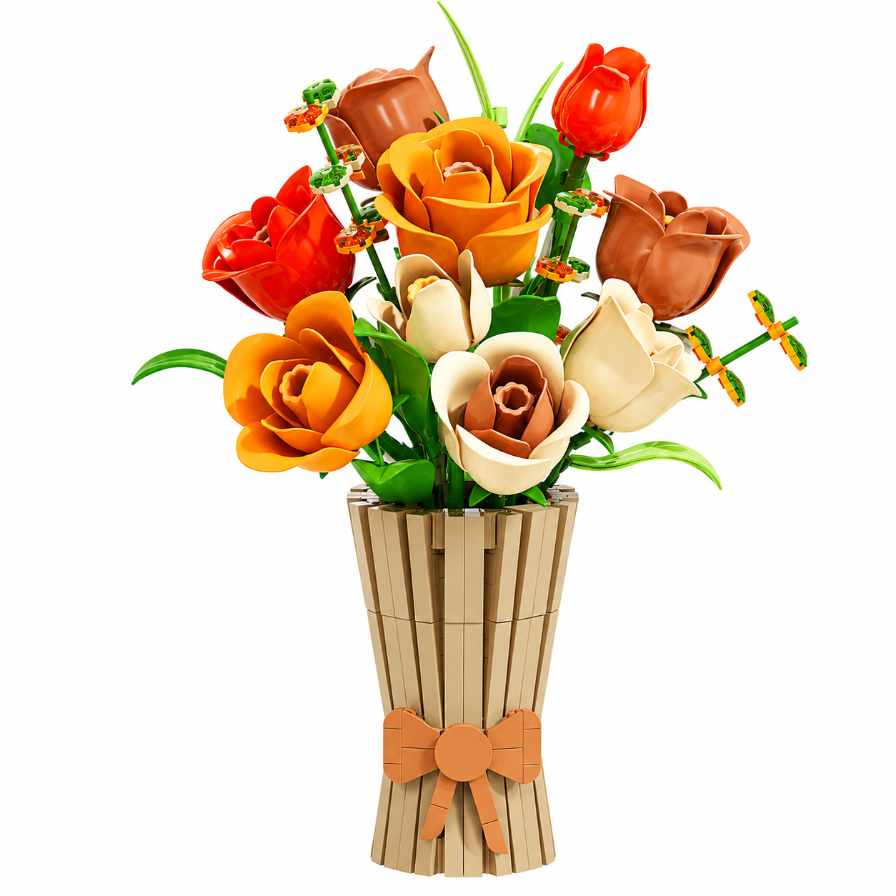 Autumn Rose Building Blocks Bouquet – Decorative Flower Arrangement Set with Vase - main product view on a clean background