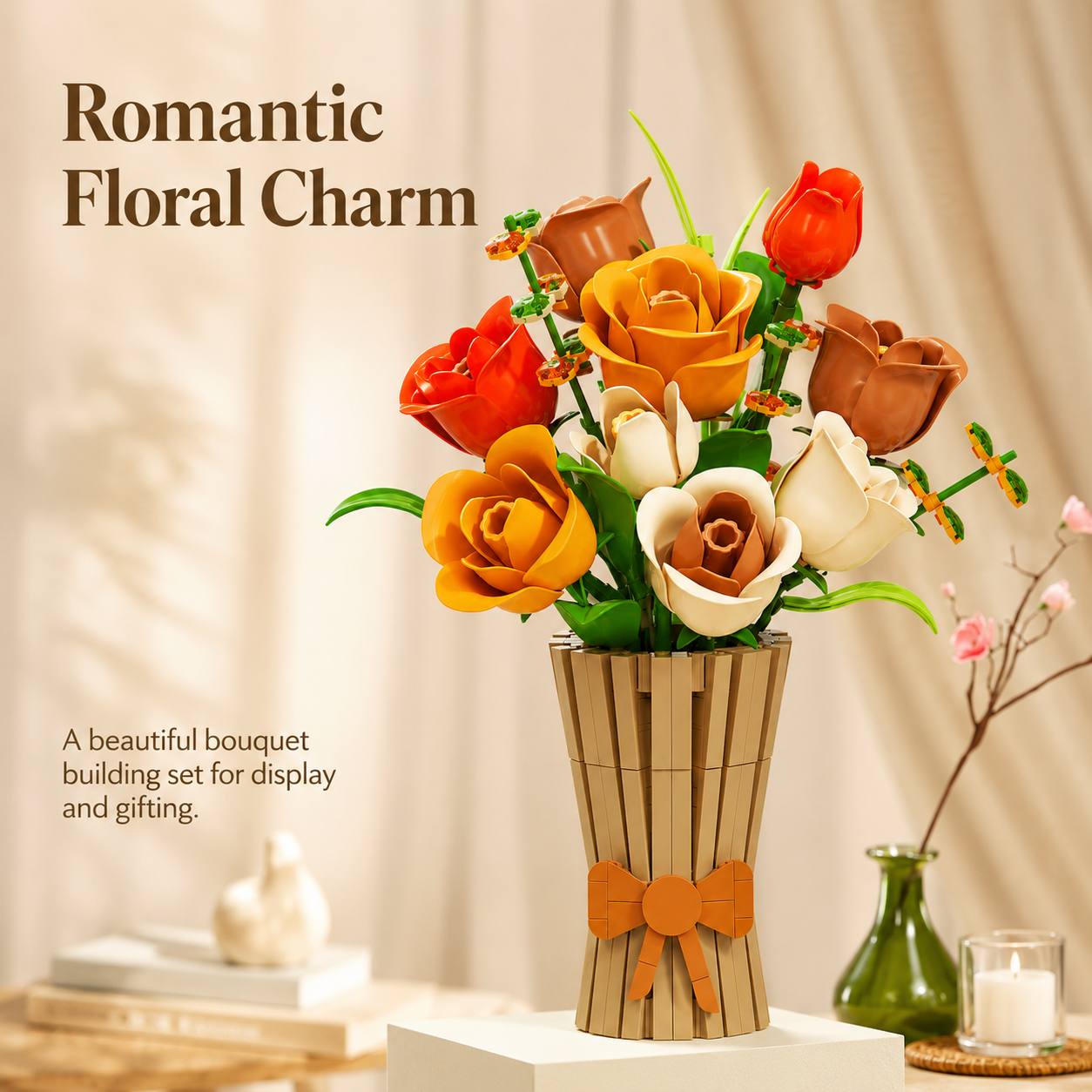 Autumn Rose Building Blocks Bouquet – Decorative Flower Arrangement Set with Vase - displayed in a lifestyle scene