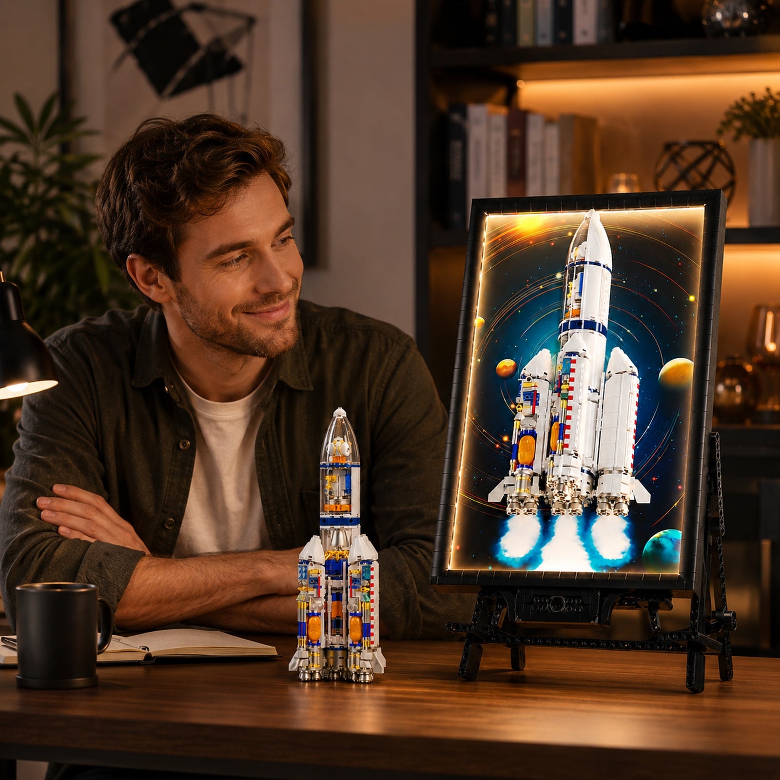Long March Rocket Light-Up Wall Art Building Block Display Set - displayed in a lifestyle scene