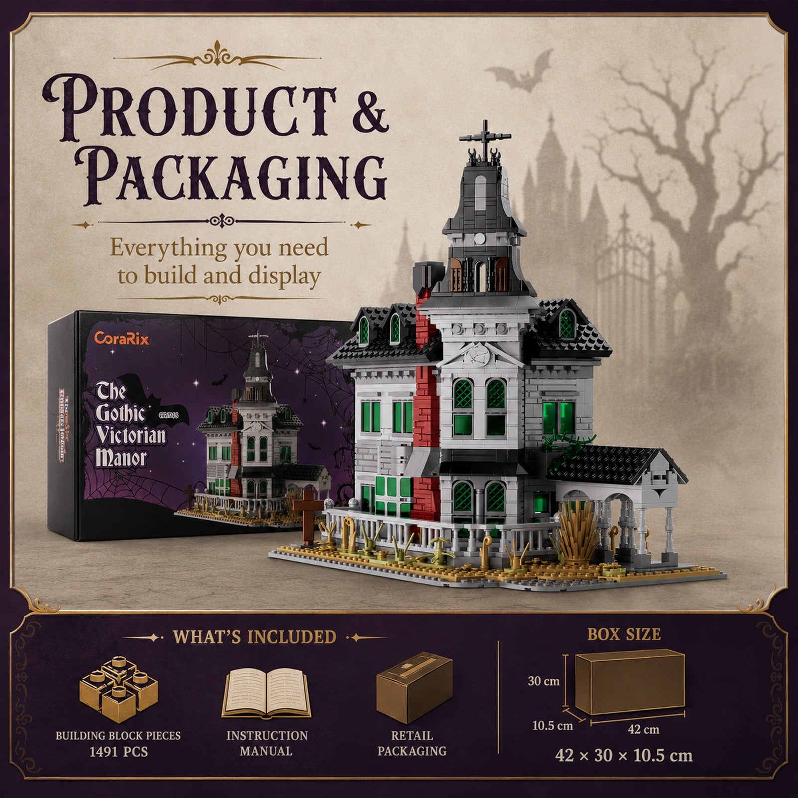 Gothic Victorian Manor Building Blocks Display Set with retail packaging