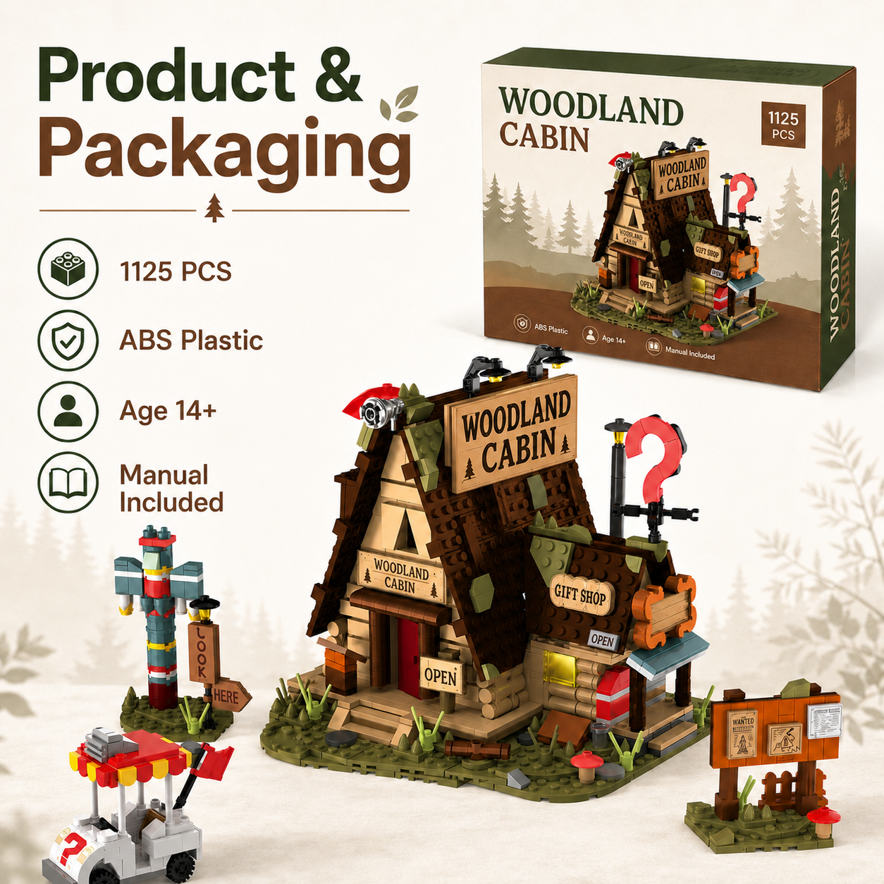 Quirky Woodland Cabin Gift Shop Building Blocks Set with retail packaging