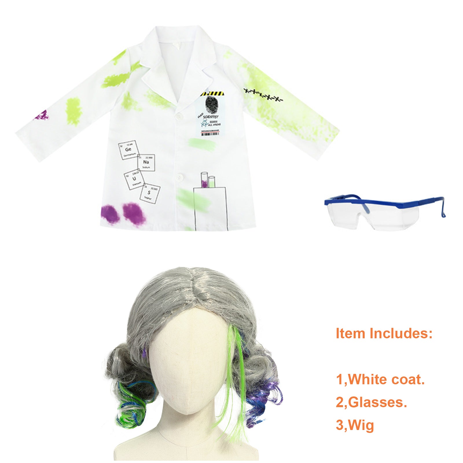 Indoor Boy kids Mad Scientist Outfit Halloween Fancy Dress halloween cosplay includes wig Book Week Costume