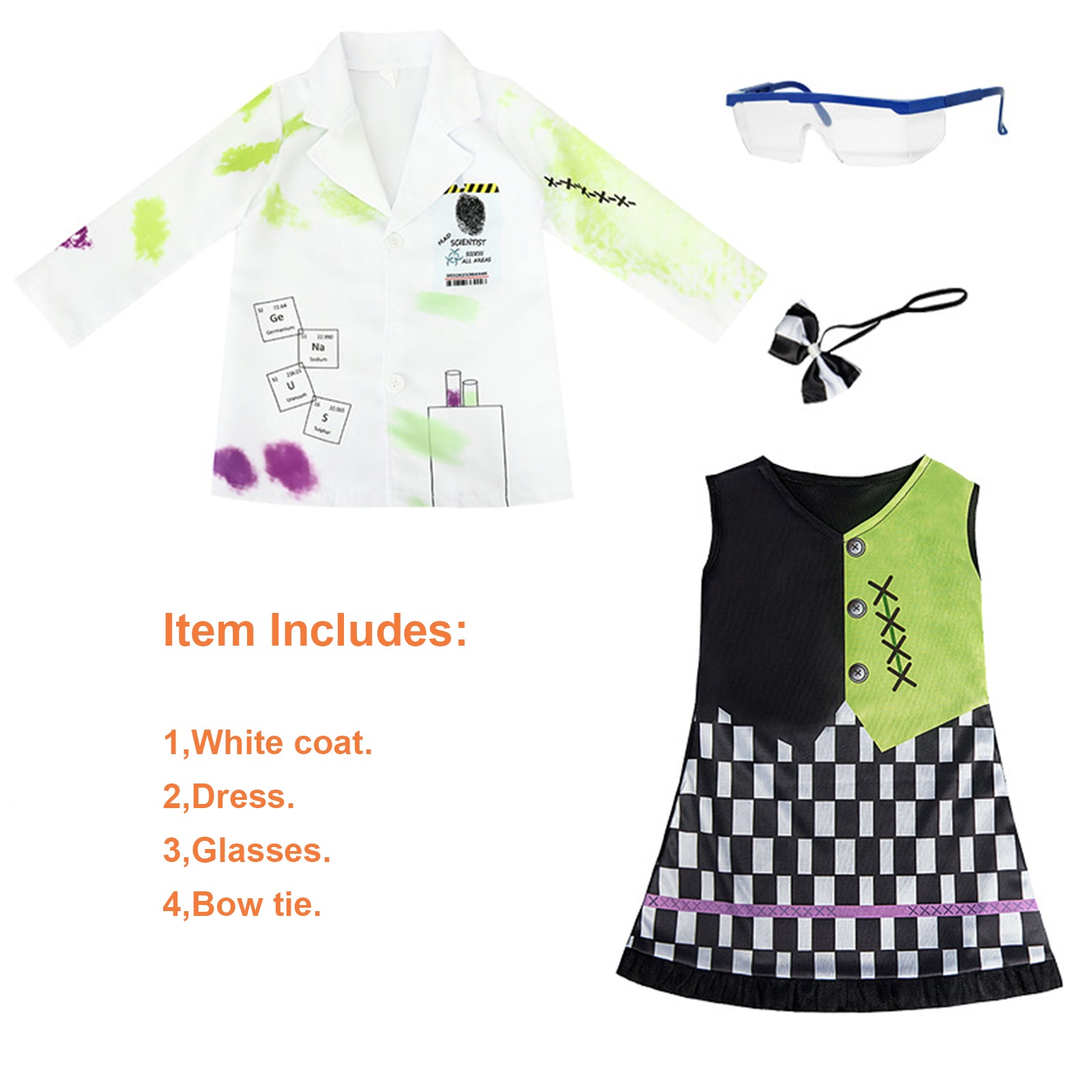 Indoor girl  kids Mad Scientist Costume Kids Outfit Halloween Fancy Dress halloween cosplay Book Week Costume