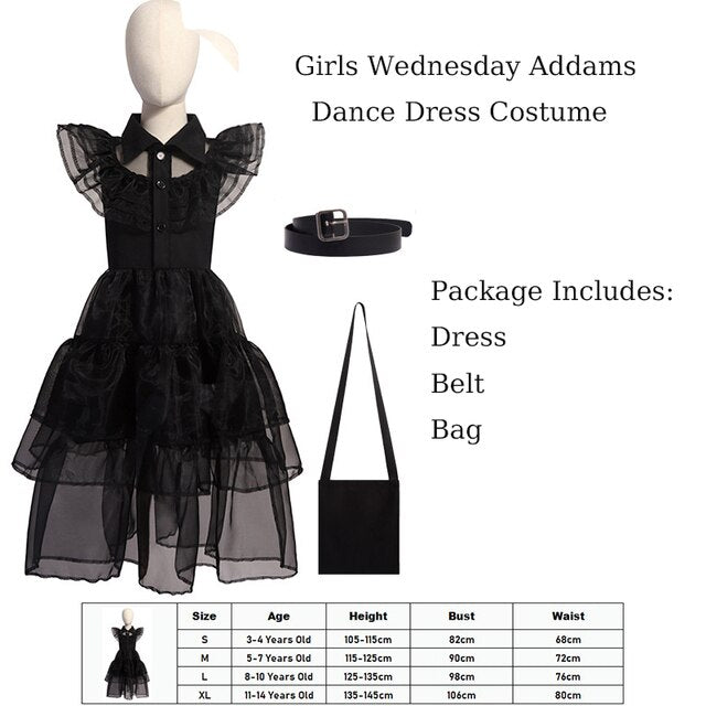 Girls Wednesday Dress Flying Sleeve Tulle Party Dress Halloween Fancy-Dress Cosplay Costume