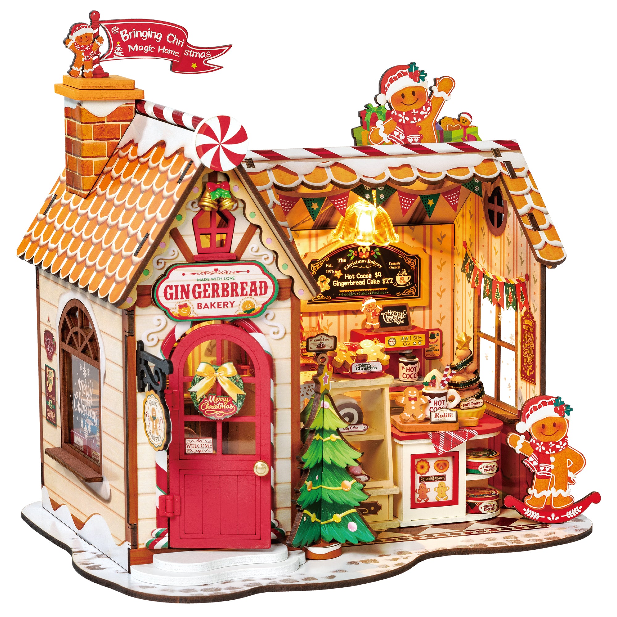 Rolife DIY Gingerbread House Kit - DG176 | 3D Wooden Puzzle with LED Lights for Adults
