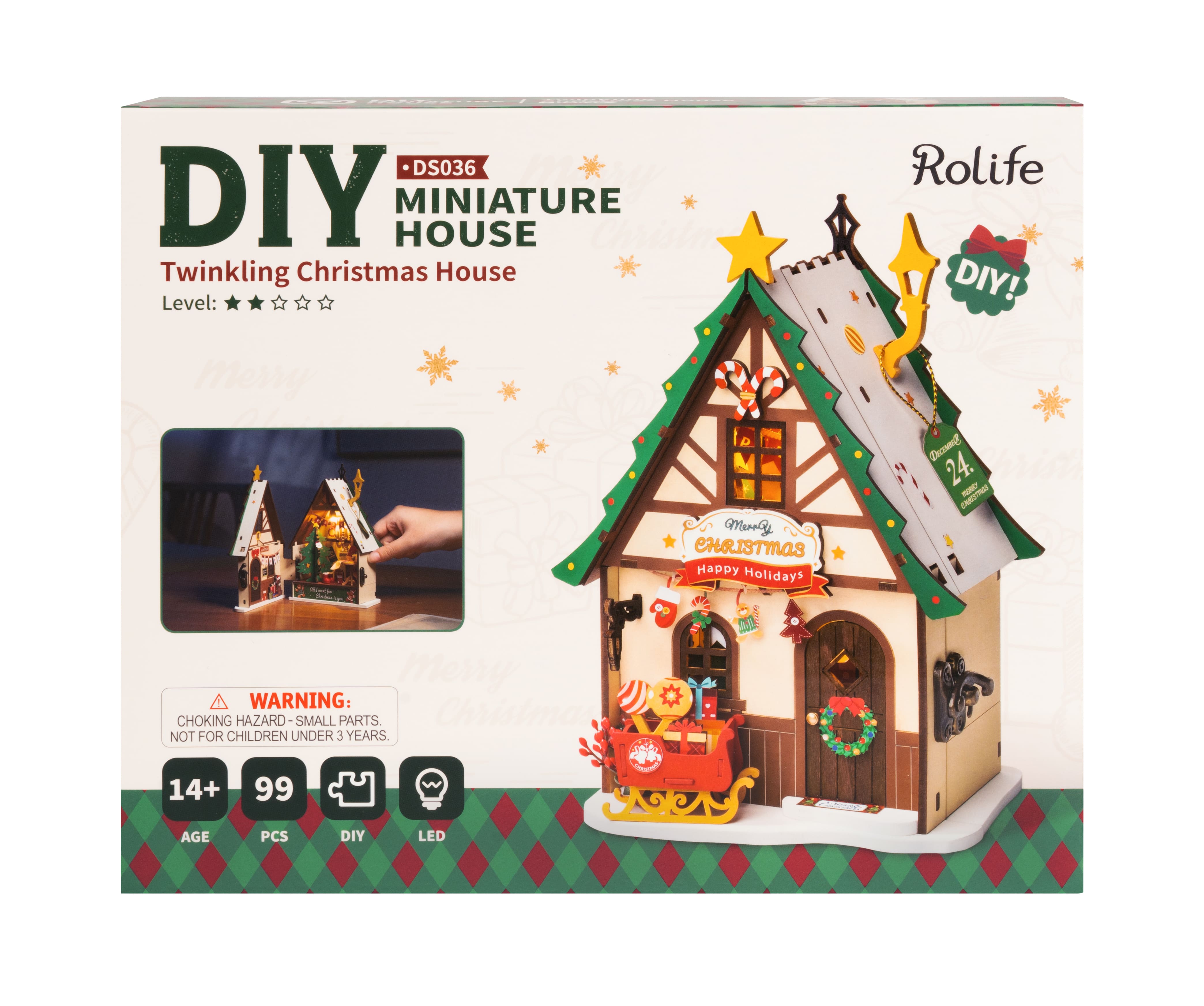 Rolife Twinkling Christmas House DIY Miniature Kit - DS036 | 3D Wooden Puzzle with LED Lights