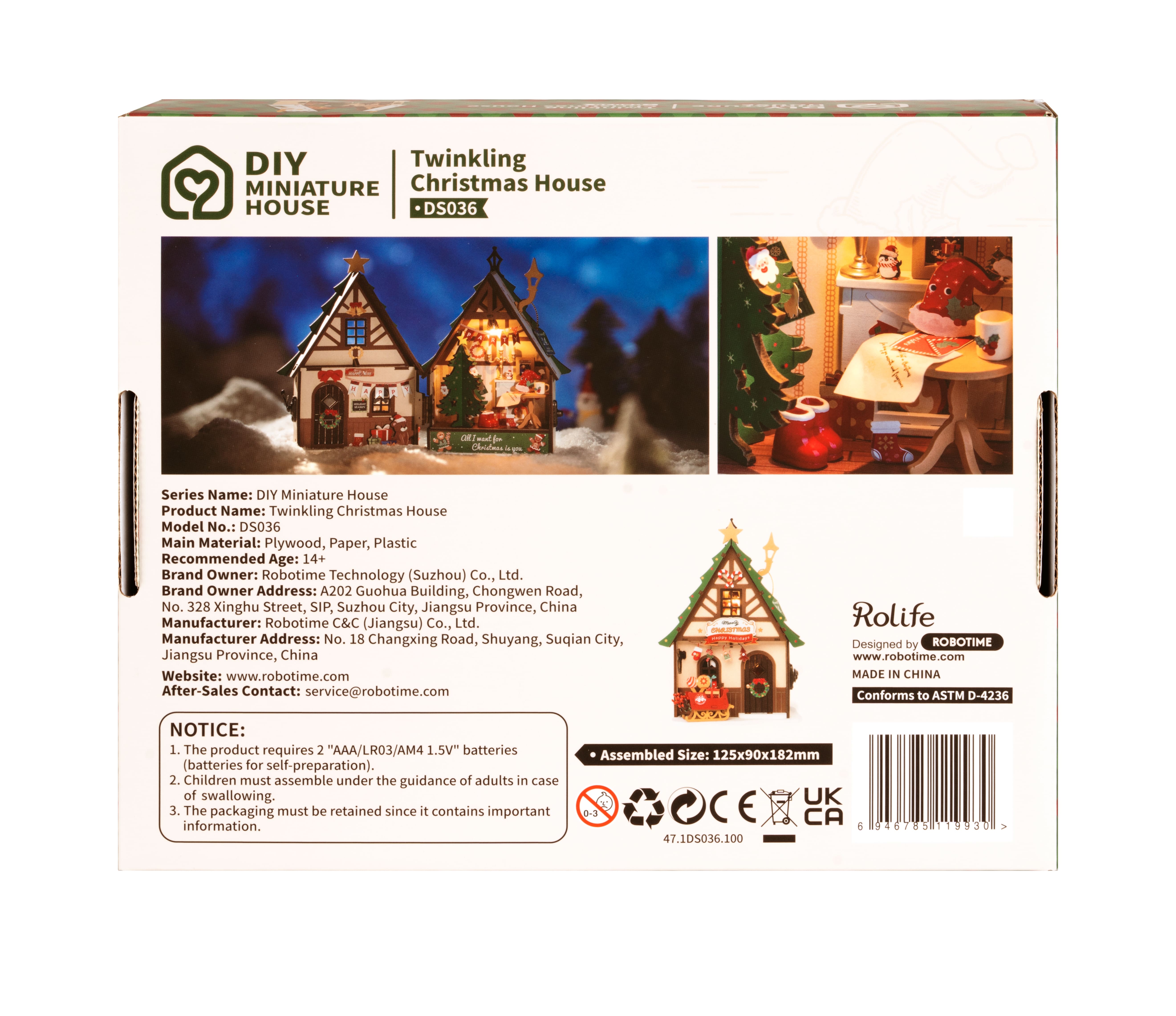 Rolife Twinkling Christmas House DIY Miniature Kit - DS036 | 3D Wooden Puzzle with LED Lights