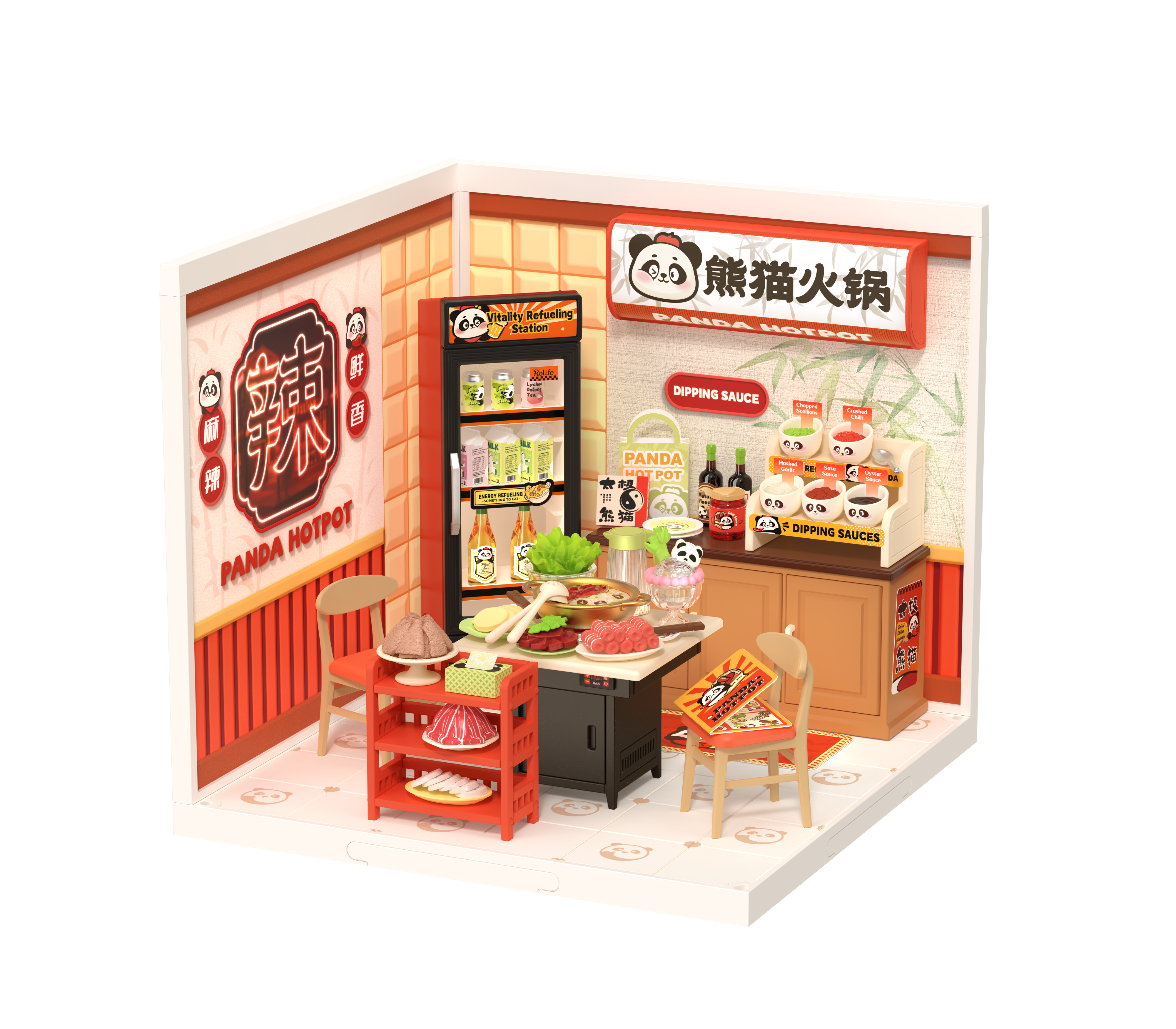 Rolife DW020 Panda Hot Pot Miniature Set | Cute Animal-Themed DIY Dollhouse Accessories for Bookshelf Decor