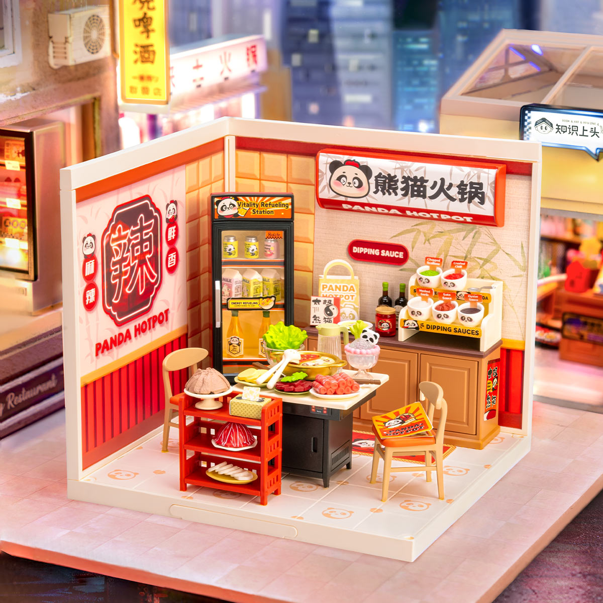 Rolife DW020 Panda Hot Pot Miniature Set | Cute Animal-Themed DIY Dollhouse Accessories for Bookshelf Decor