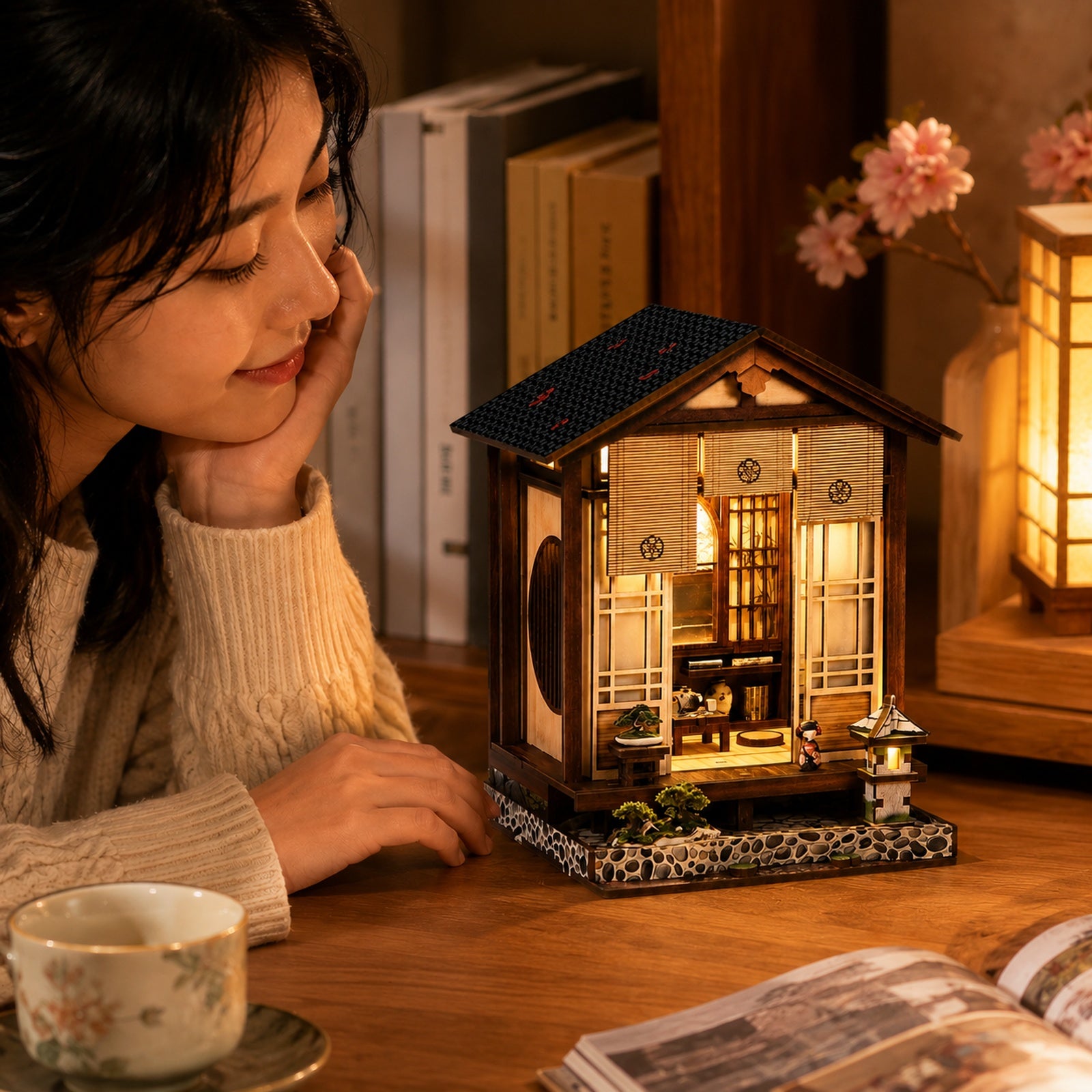 Moss-Lantern Harmony Garden DIY Miniature House Kit with LED Light - lifestyle image with person