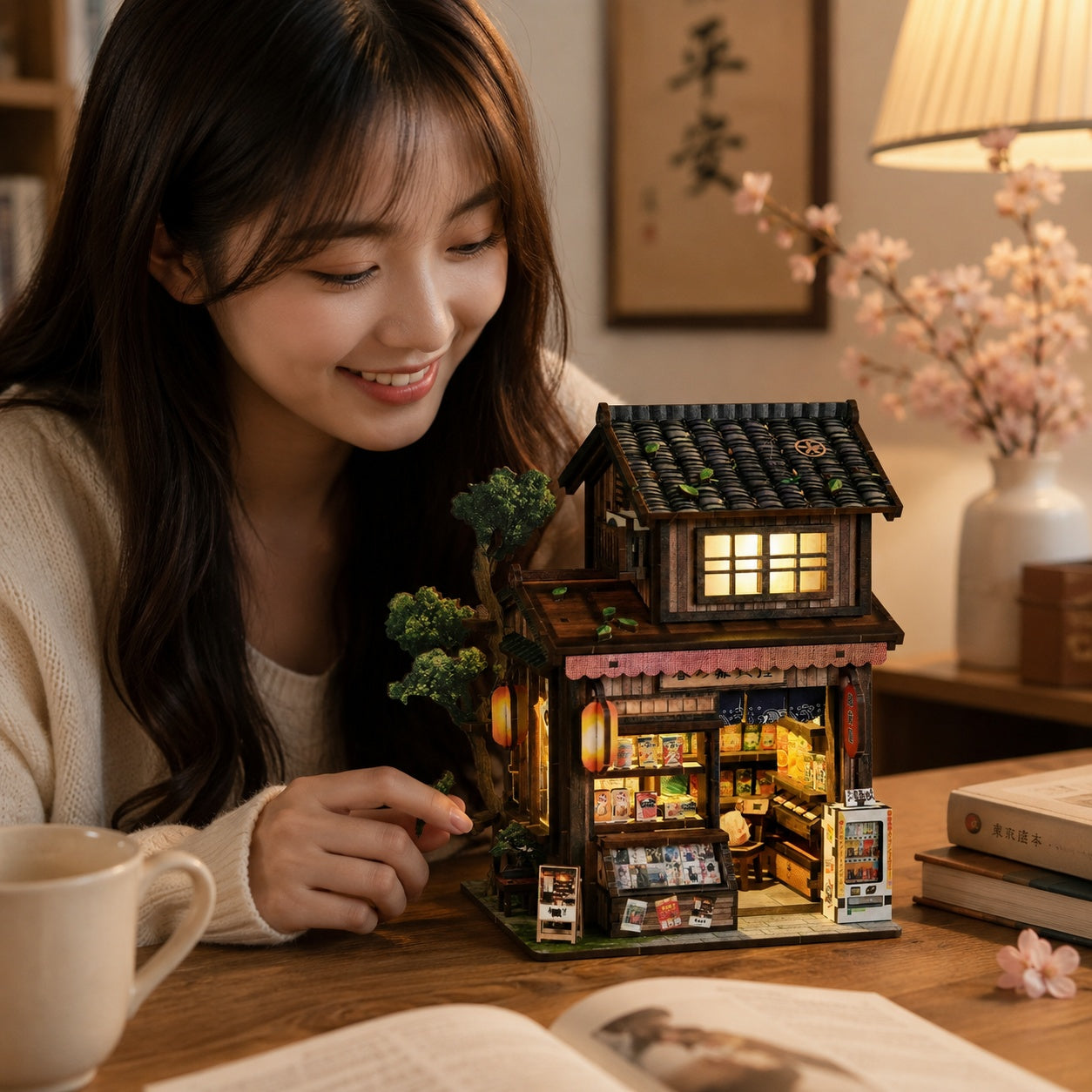 Kasuga Grocery Store DIY Miniature House Kit with LED Light - lifestyle image with person