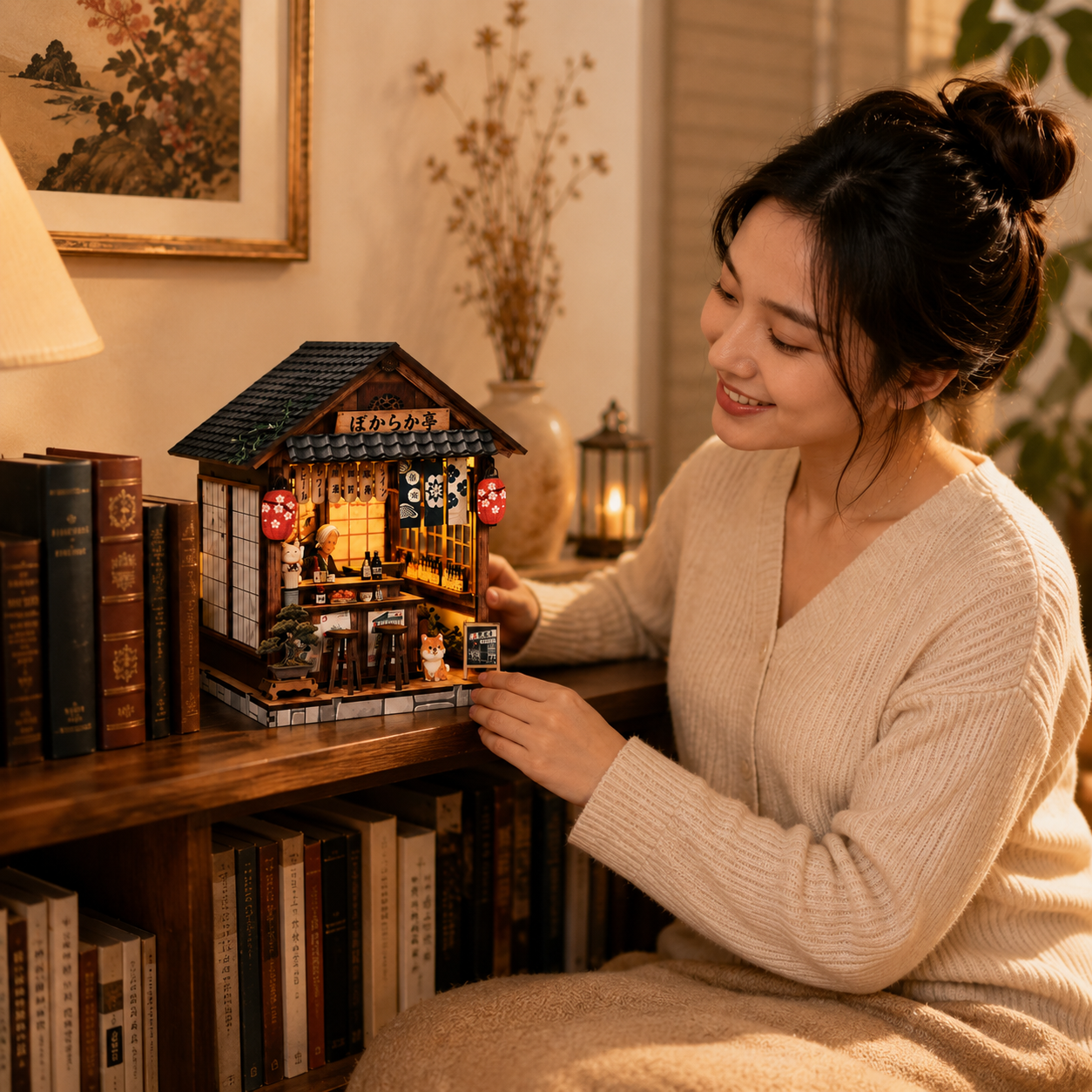 The Mellow Pub DIY Miniature House Kit with LED Light - lifestyle image with person