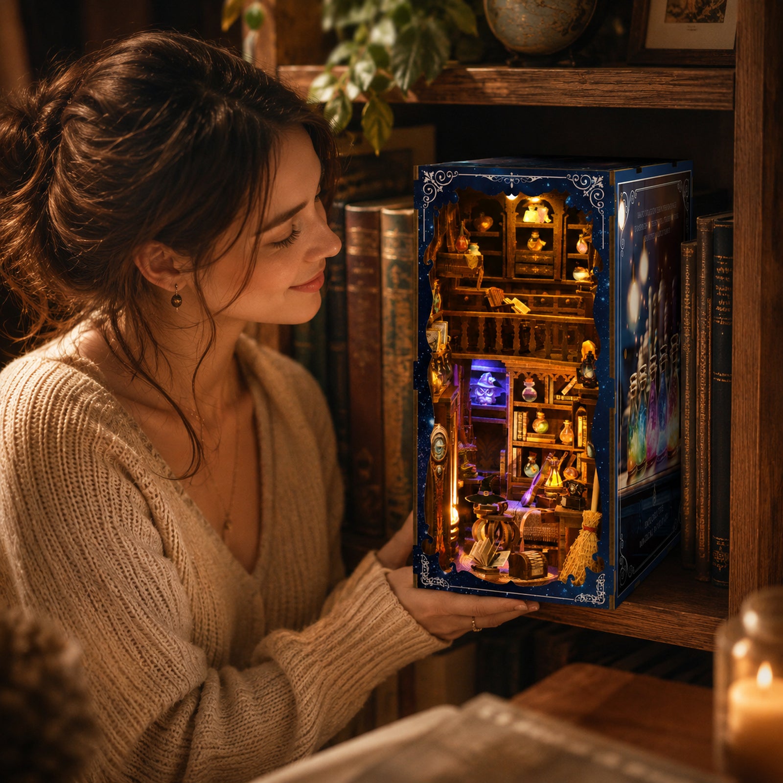 Magic Potion House DIY Book Nook Kit with LED Light - lifestyle image with person