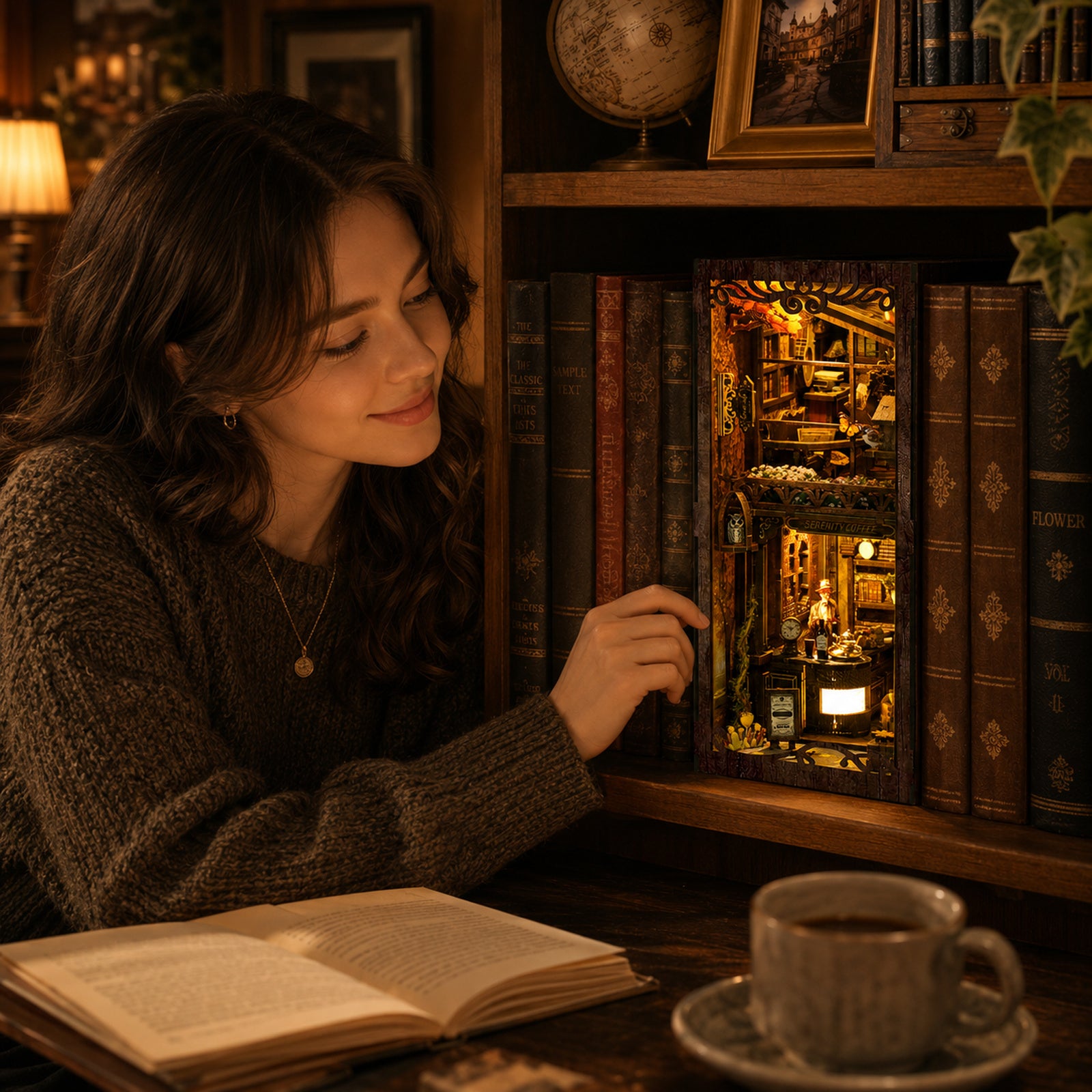 Serenity Coffee House DIY Book Nook Kit with LED Light - lifestyle display image