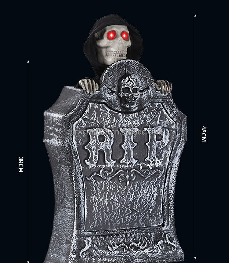 Halloween Decorations Resin RIP Graveyard Tombstone with LED Lights Animated Movable Skeleton Skull with Glowing Eyes & Voice Activation Outdoor Decor Party Book Week Costume
