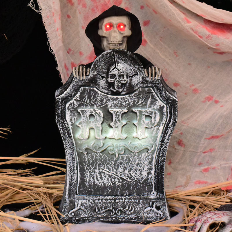 Halloween Decorations Resin RIP Graveyard Tombstone with LED Lights Animated Movable Skeleton Skull with Glowing Eyes & Voice Activation Outdoor Decor Party Book Week Costume