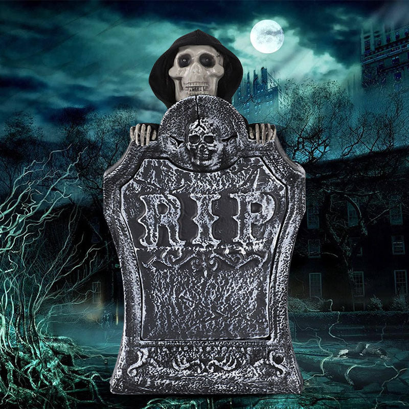 Halloween Decorations Resin RIP Graveyard Tombstone with LED Lights Animated Movable Skeleton Skull with Glowing Eyes & Voice Activation Outdoor Decor Party Book Week Costume