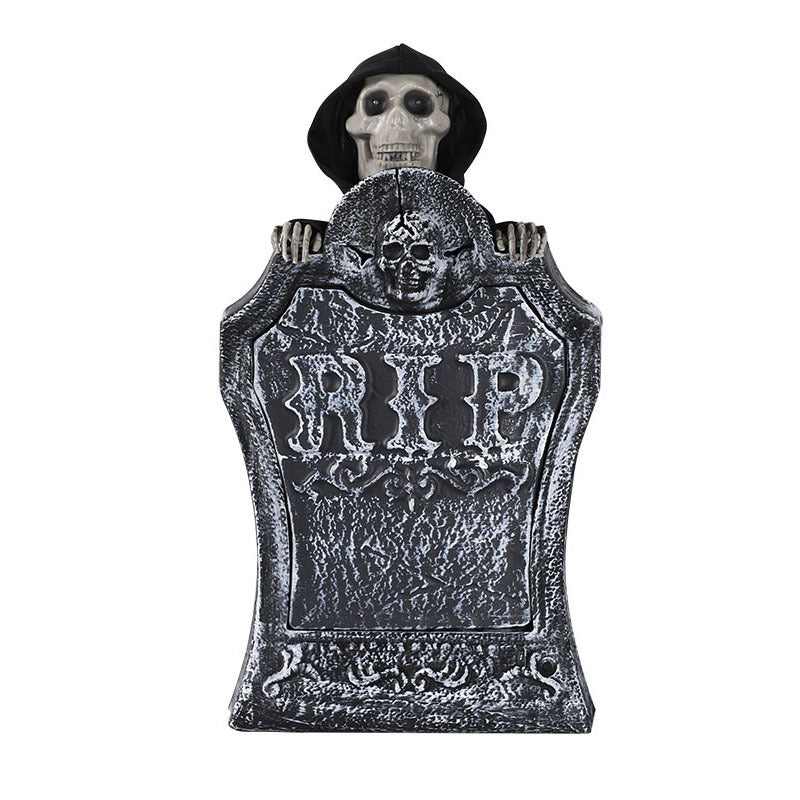 Halloween Decorations Resin RIP Graveyard Tombstone with LED Lights Animated Movable Skeleton Skull with Glowing Eyes & Voice Activation Outdoor Decor Party Book Week Costume