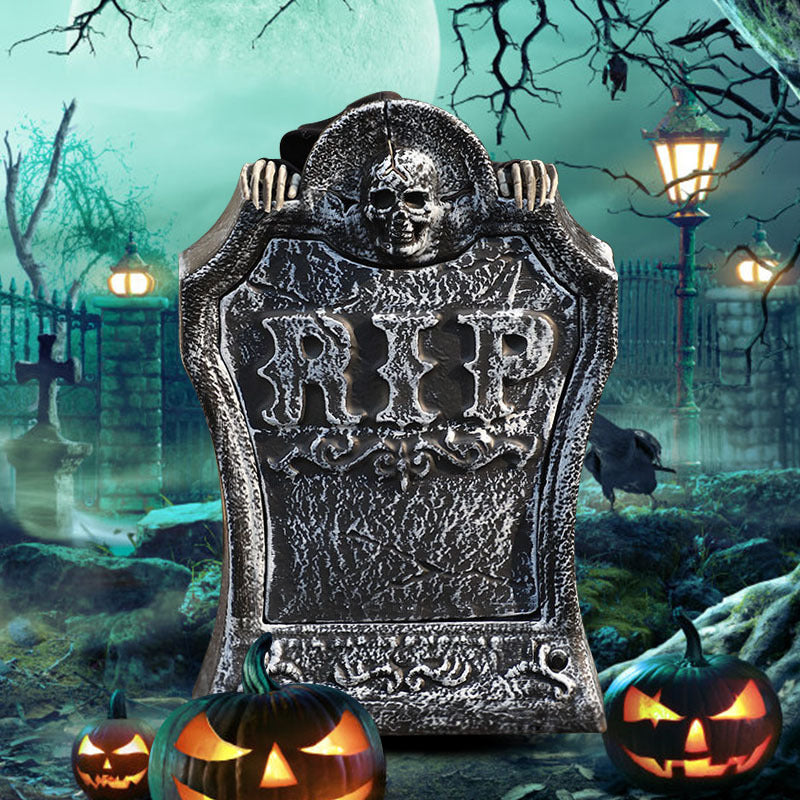 Halloween Decorations Resin RIP Graveyard Tombstone with LED Lights Animated Movable Skeleton Skull with Glowing Eyes & Voice Activation Outdoor Decor Party Book Week Costume
