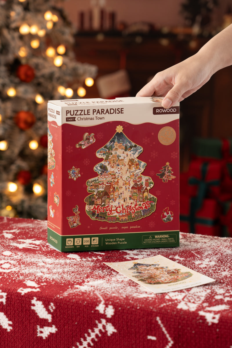 Robotime Christmas Town DIY 3D Wooden Puzzle - TA007 | Miniature Village Kit with LED Lights for Adults
