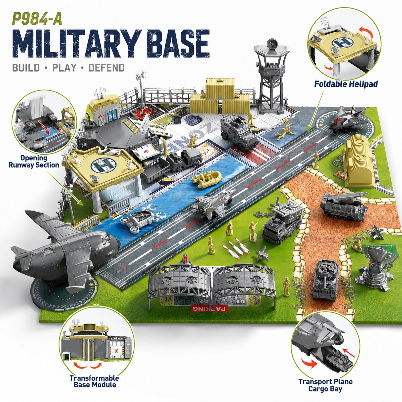 Military base toy vehicle and aircraft playset feature overview