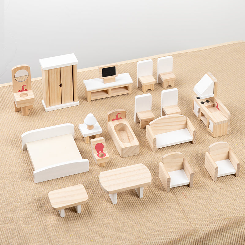 Wooden dollhouse furniture set in white colour with miniature bedroom, kitchen, bathroom and living room pieces