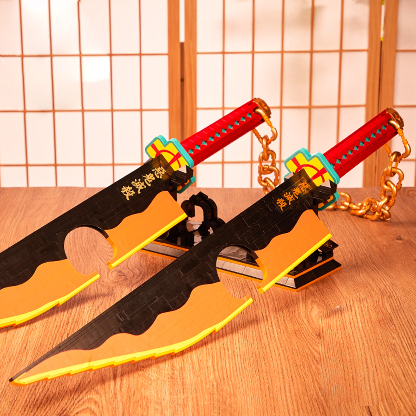 Demon 1507 1478Pcs Slayer Sword Double Blade Tengen Uzui Sword Building Block with Stand Handmade Cosplay Toy Nichirin Sword Yamato Knife Anime Weapon Model Boy Gifts