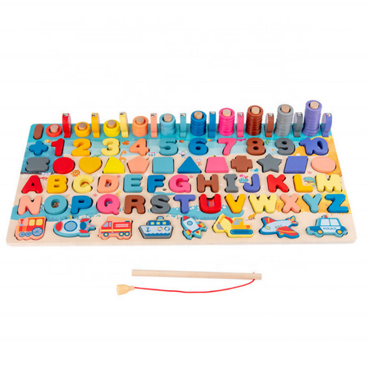 7 in 1 Montessori Educational Wooden Puzzle Board Stacking Blocks Counting Math Fishing Game Montessori Toy