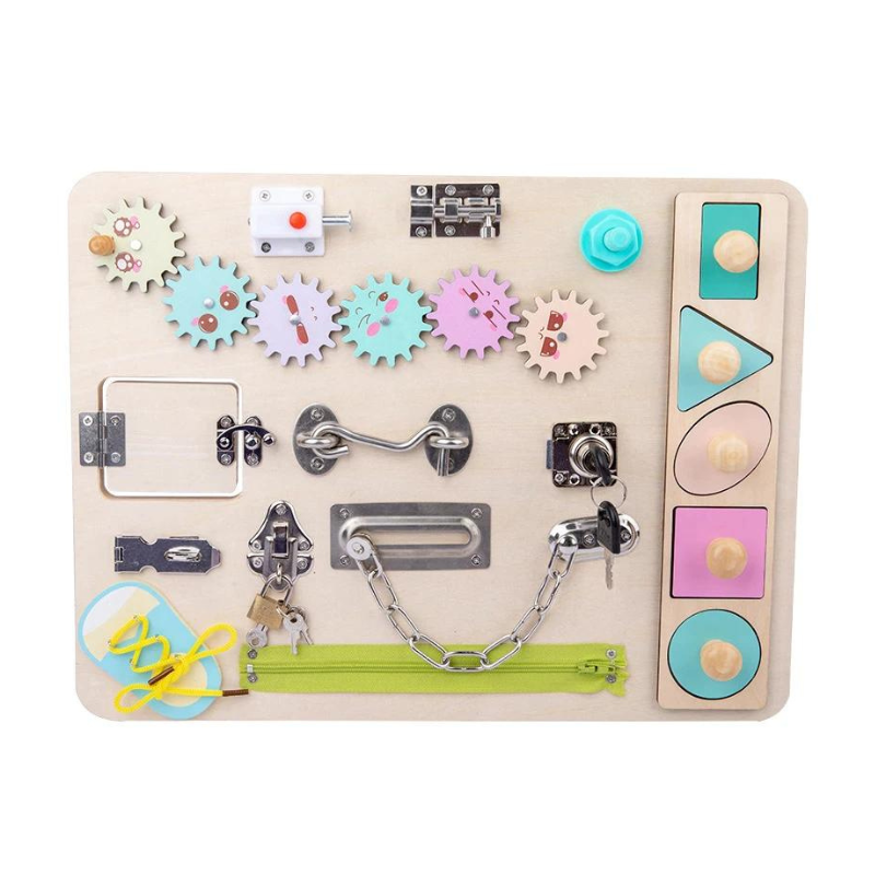 Wooden Sensory Board Montessori Basic Skills Activity Board for Kids Portable Locks Latches Board Children Preschool Learning Activities Busy Board
