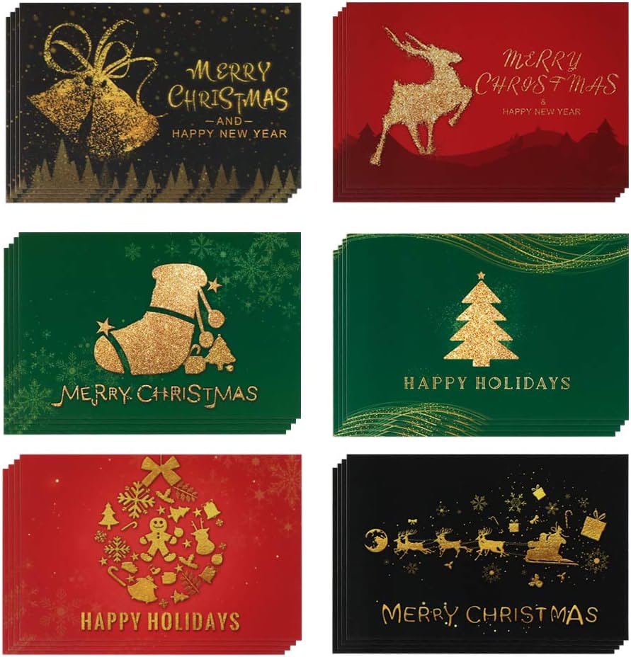 24pcs Premium Christmas Cards Xmas Cards 6 Styles Bulk Mixed Card Pack With Envelopes and Stickers - Gold