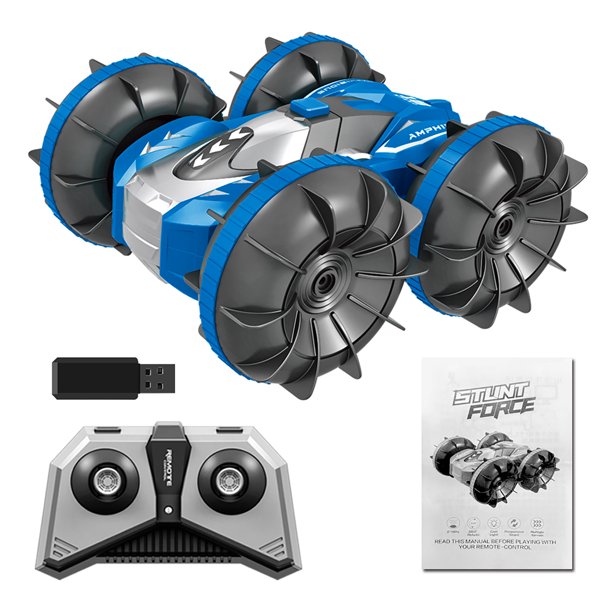 2.4GHz Double Sided 360 Degree Rotating RC Stunt Car Waterproof Land and Water Remote Control Car Gift Toy Blue