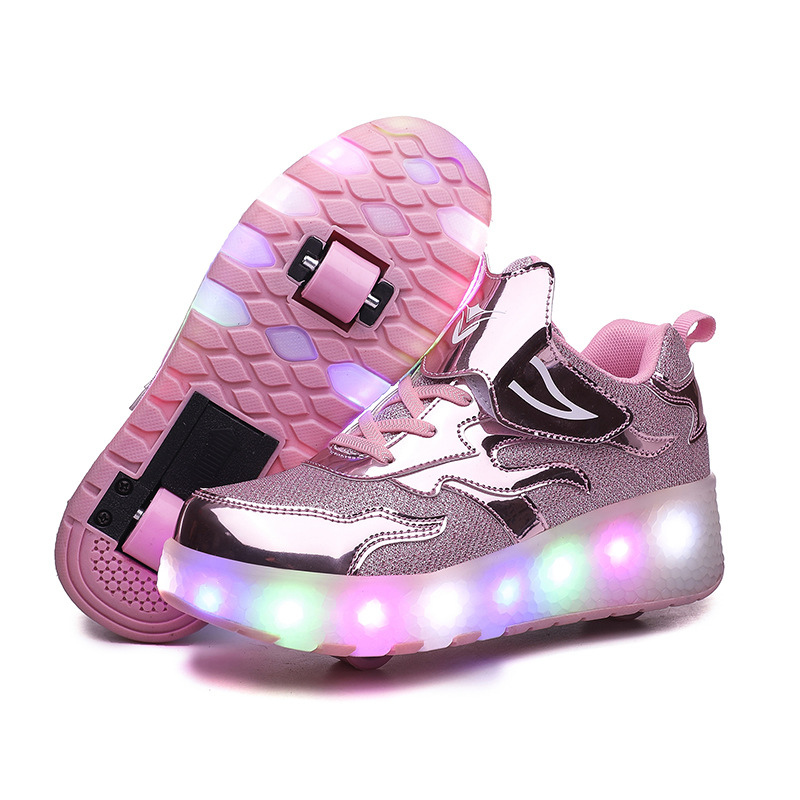 Roller Skate Sneaker Double Wheeled Rechargeable LED Flash Light Roller Shoes For Kids  E67 Pink
