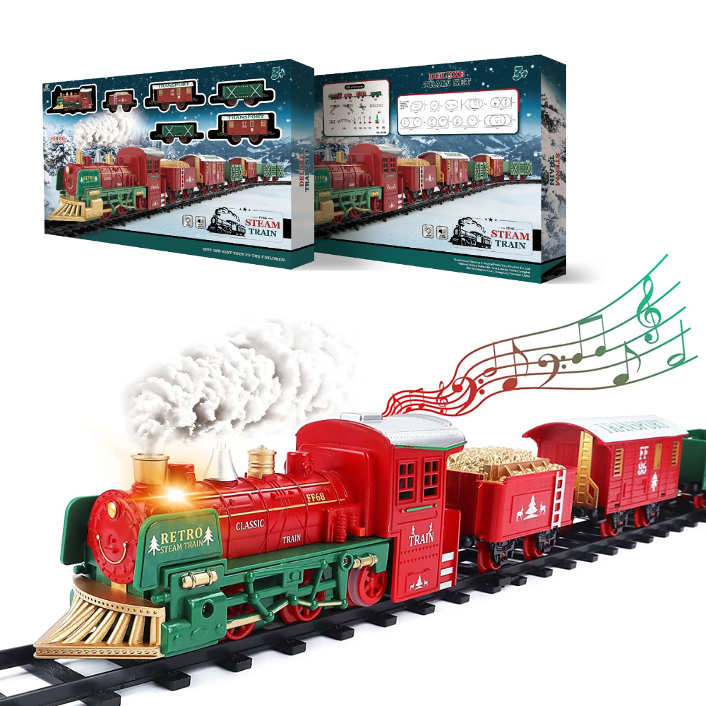 Delux Christmas Steam Train Set for Kids with Light & Sounds Smoke Effect 27 Track Electric Train Set Great Accessory for Kids Gift