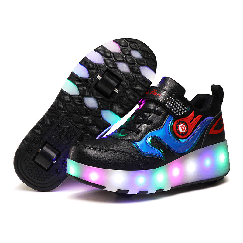 Roller Skate Sneaker Double Wheeled Rechargeable LED Flash Light Roller Shoes For Kids  E66 Black