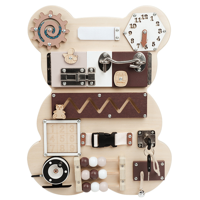 Bear Shape Baby Early Education Busy Board Wooden Toy Montessori Toy Baby Sensory Activity Board