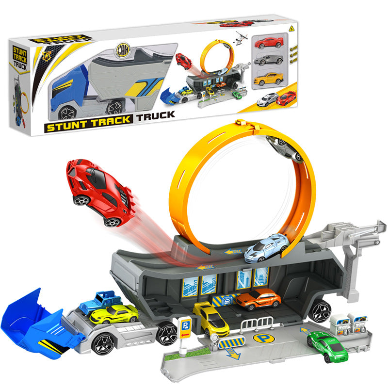 Container Truck Race Car Track Set Circular Runway with Mini Cars Kids Toy Gift