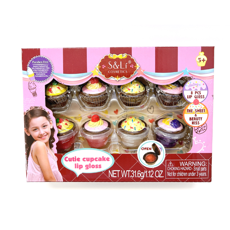 Kid Girls Lip Gloss Set 8 Cupcake Style Kids Safe Cosmetic Pretend Play Kit Princess Toy