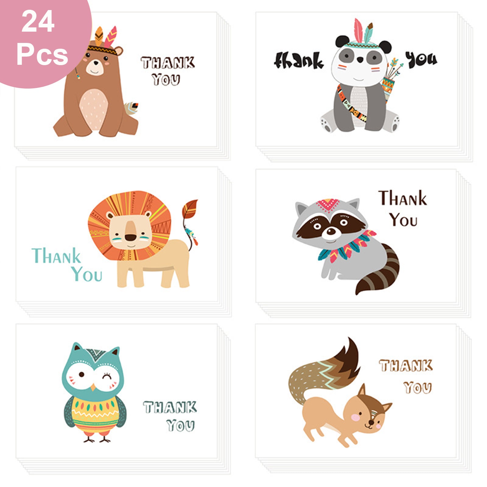 24pcs & 48 Pcs Premium Greeting Cards Thank You Cards 6 Styles Bulk Mixed Party Card Pack With Envelopes and Stickers - Animals 4
