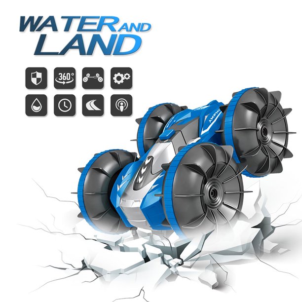 2.4GHz Double Sided 360 Degree Rotating RC Stunt Car Waterproof Land and Water Remote Control Car Gift Toy Blue