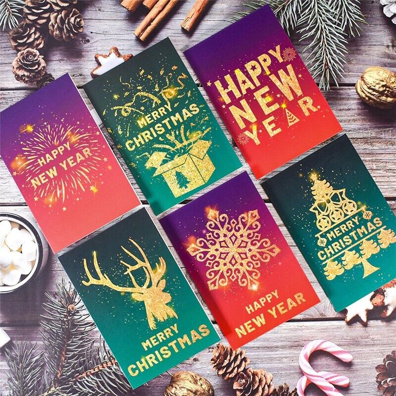 24pcs Premium Christmas and New Year Cards Xmas & New Year Cards 6 Styles Bulk Mixed Card Pack With Envelopes and Stickers - Red and Green