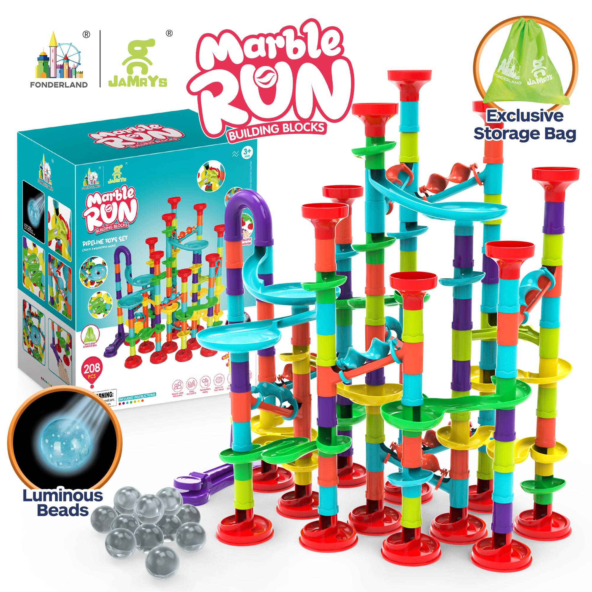 Fonderland 208pcs Marble Race Run Building Blocks with Luminous Beads Toys Educational Preschool Kids Large Deluxe Set