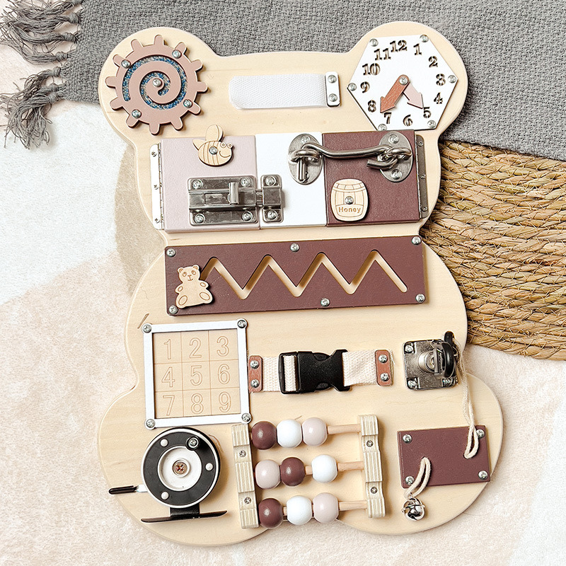 Bear Shape Baby Early Education Busy Board Wooden Toy Montessori Toy Baby Sensory Activity Board