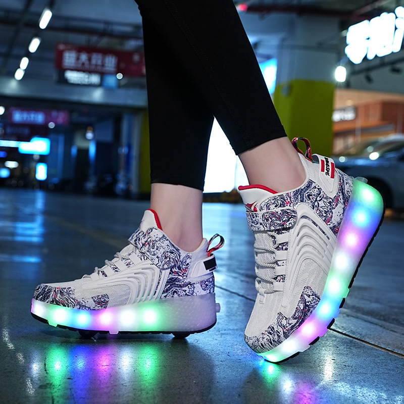 Roller Skate Sneaker Wheeled rechargeable LED Flash Light Sneakers Roller Skate Shoes For Kids With Double Wheel White