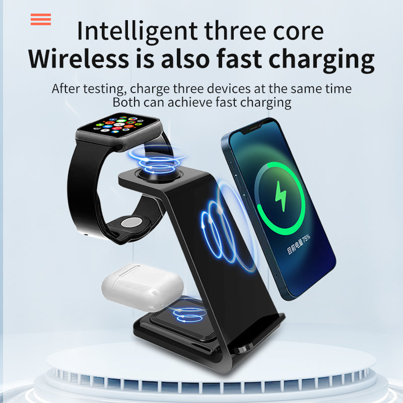 3 in 1 Wireless Charger Stand Charging Dock Station for iPhone Apple Watch AirPods Black